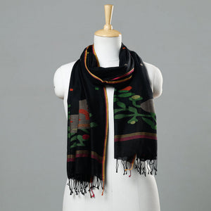 Black - Jamdani Handloom Cotton Stole with Tassels