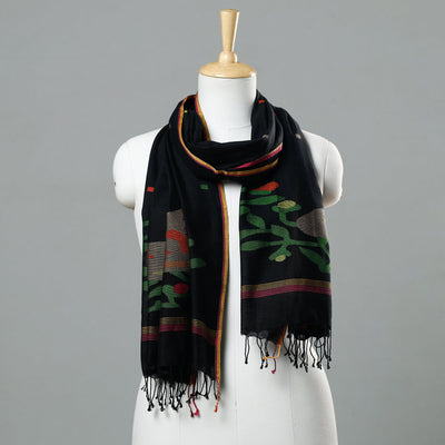 Black - Jamdani Handloom Cotton Stole with Tassels
