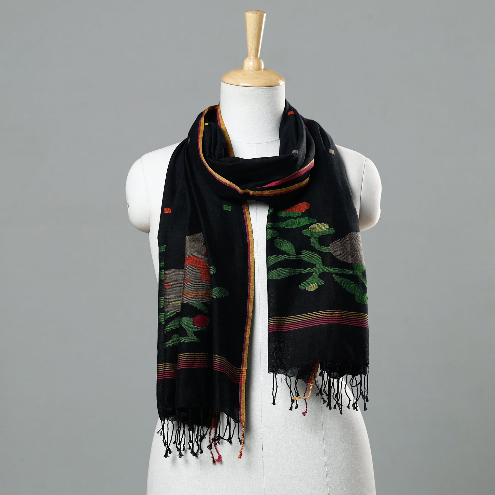 Black - Jamdani Handloom Cotton Stole with Tassels