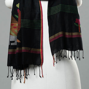 Black - Jamdani Handloom Cotton Stole with Tassels