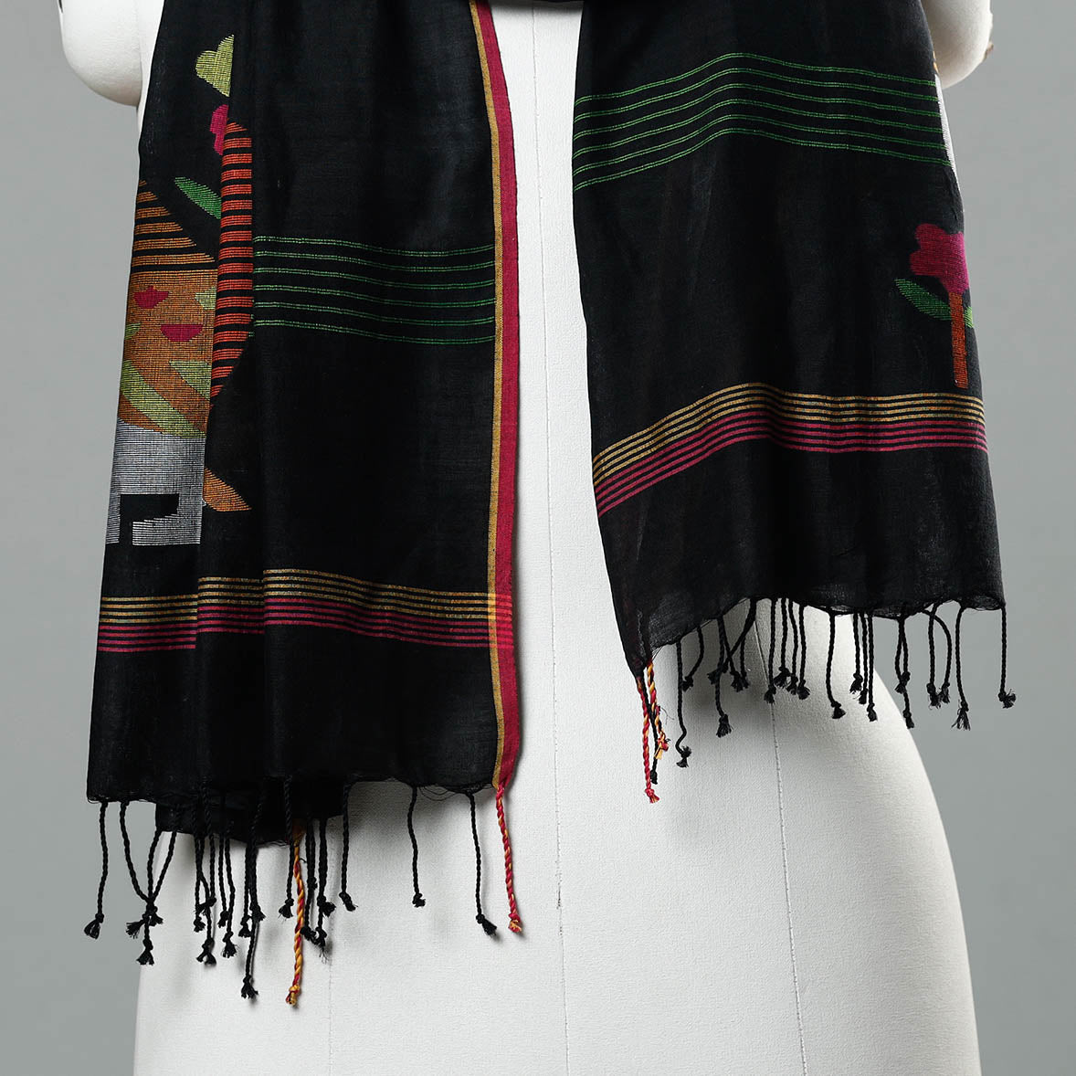Black - Jamdani Handloom Cotton Stole with Tassels