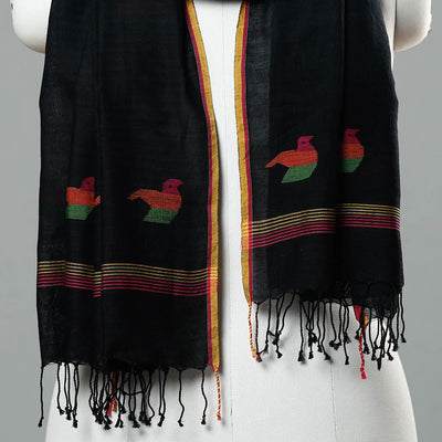 Black - Jamdani Handloom Cotton Stole with Tassels
