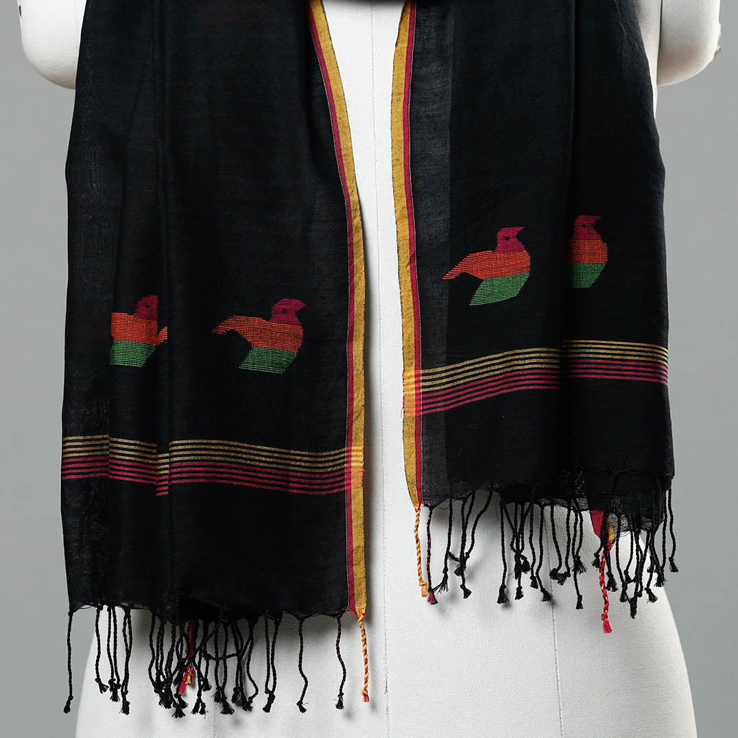 Black - Jamdani Handloom Cotton Stole with Tassels