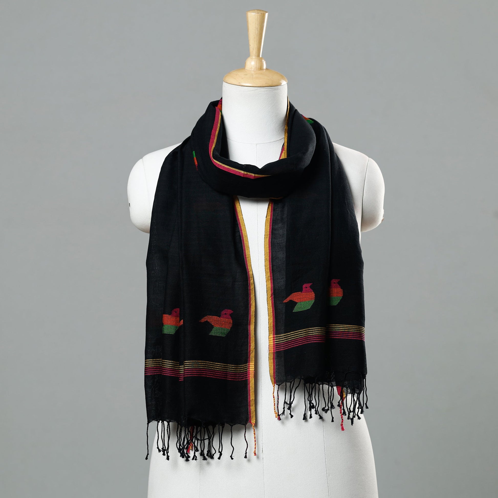 Black - Jamdani Handloom Cotton Stole with Tassels