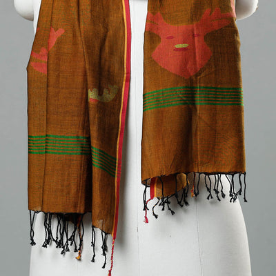 Brown - Jamdani Handloom Cotton Stole with Tassels