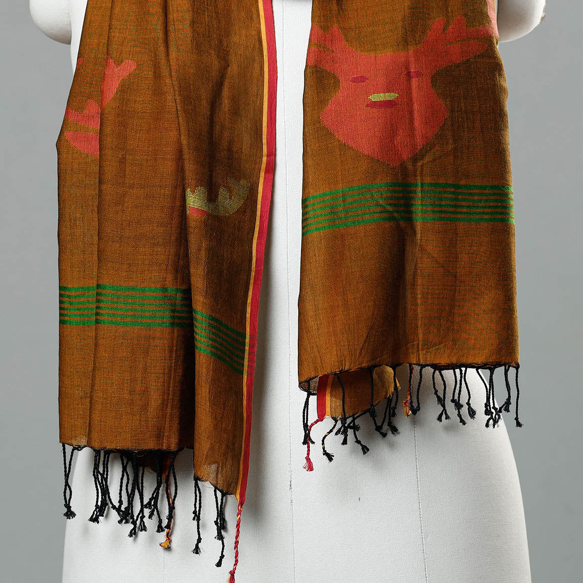 Brown - Jamdani Handloom Cotton Stole with Tassels