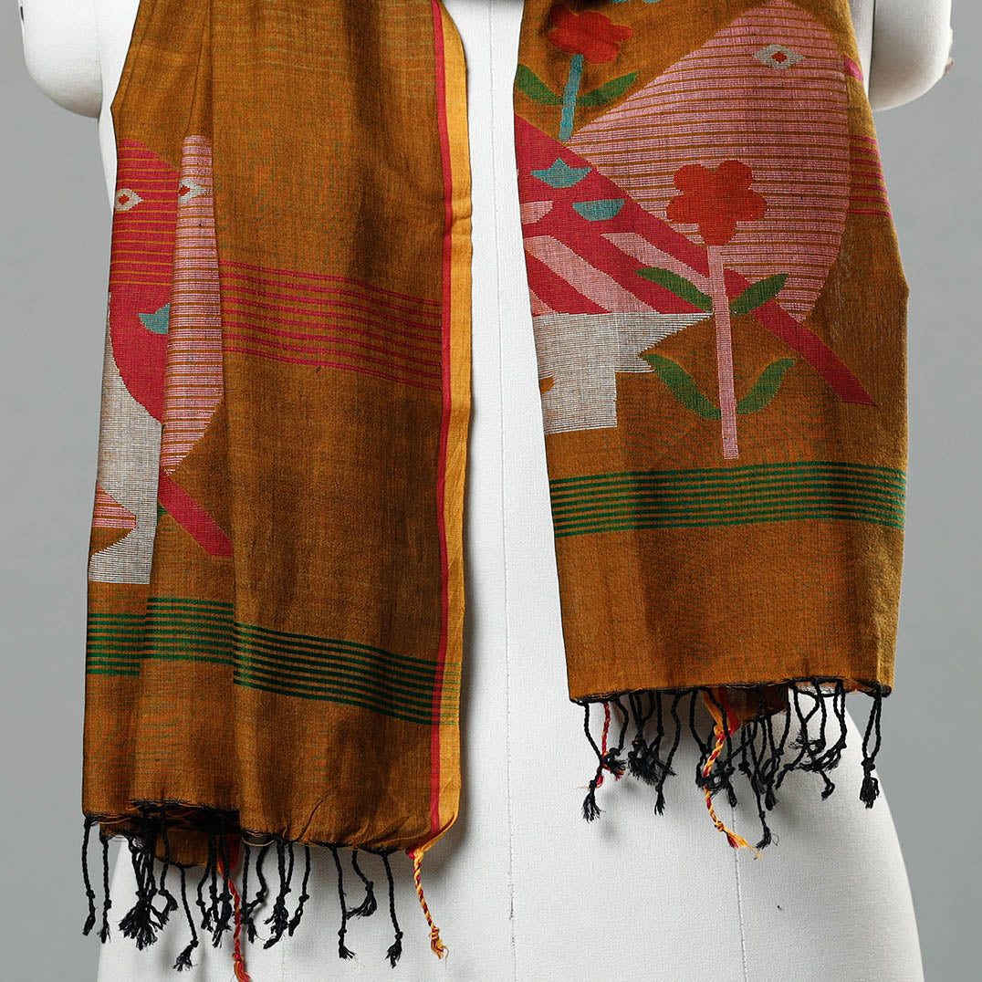 Brown - Jamdani Handloom Cotton Stole with Tassels