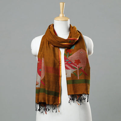 Brown - Jamdani Handloom Cotton Stole with Tassels
