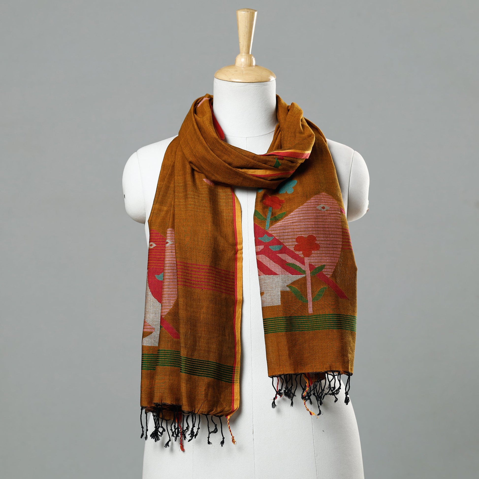 Brown - Jamdani Handloom Cotton Stole with Tassels
