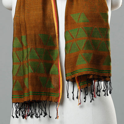 Brown - Jamdani Handloom Cotton Stole with Tassels
