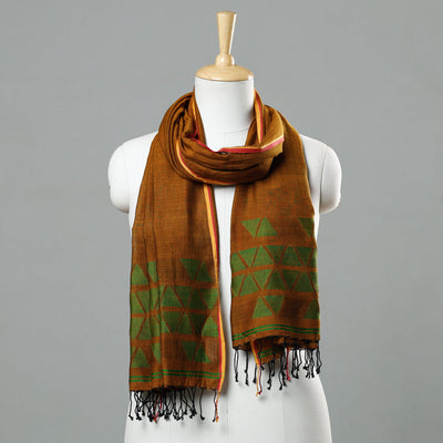Brown - Jamdani Handloom Cotton Stole with Tassels