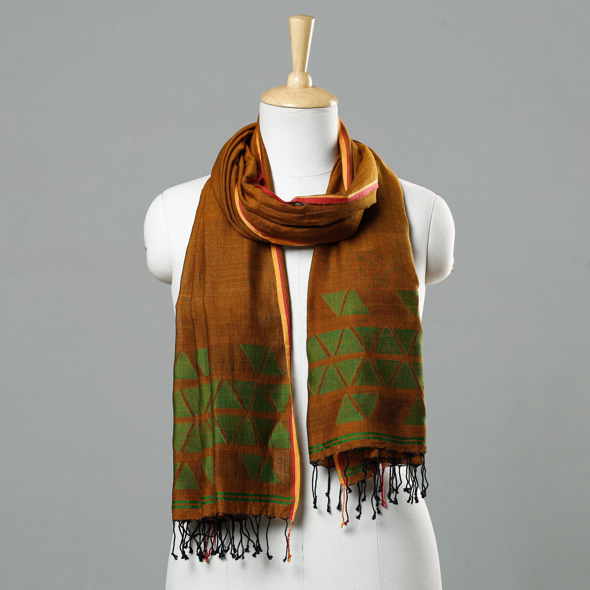 Brown - Jamdani Handloom Cotton Stole with Tassels