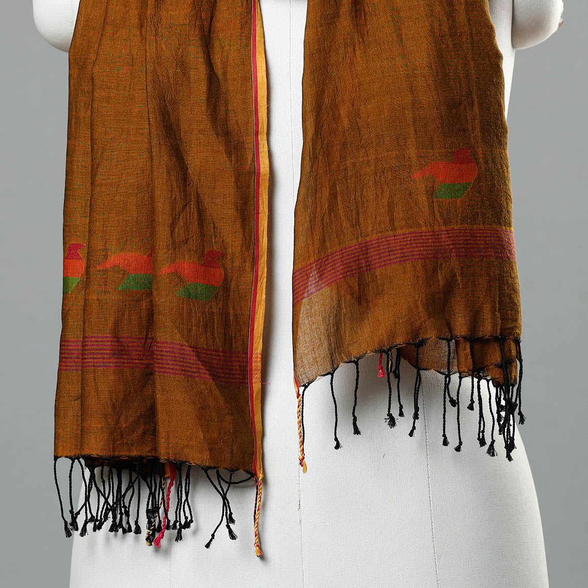Brown - Jamdani Handloom Cotton Stole with Tassels