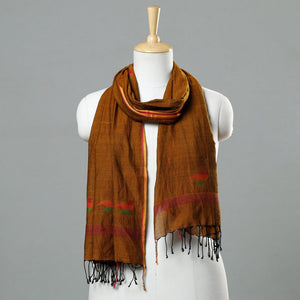 Brown - Jamdani Handloom Cotton Stole with Tassels