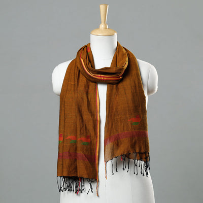 Brown - Jamdani Handloom Cotton Stole with Tassels