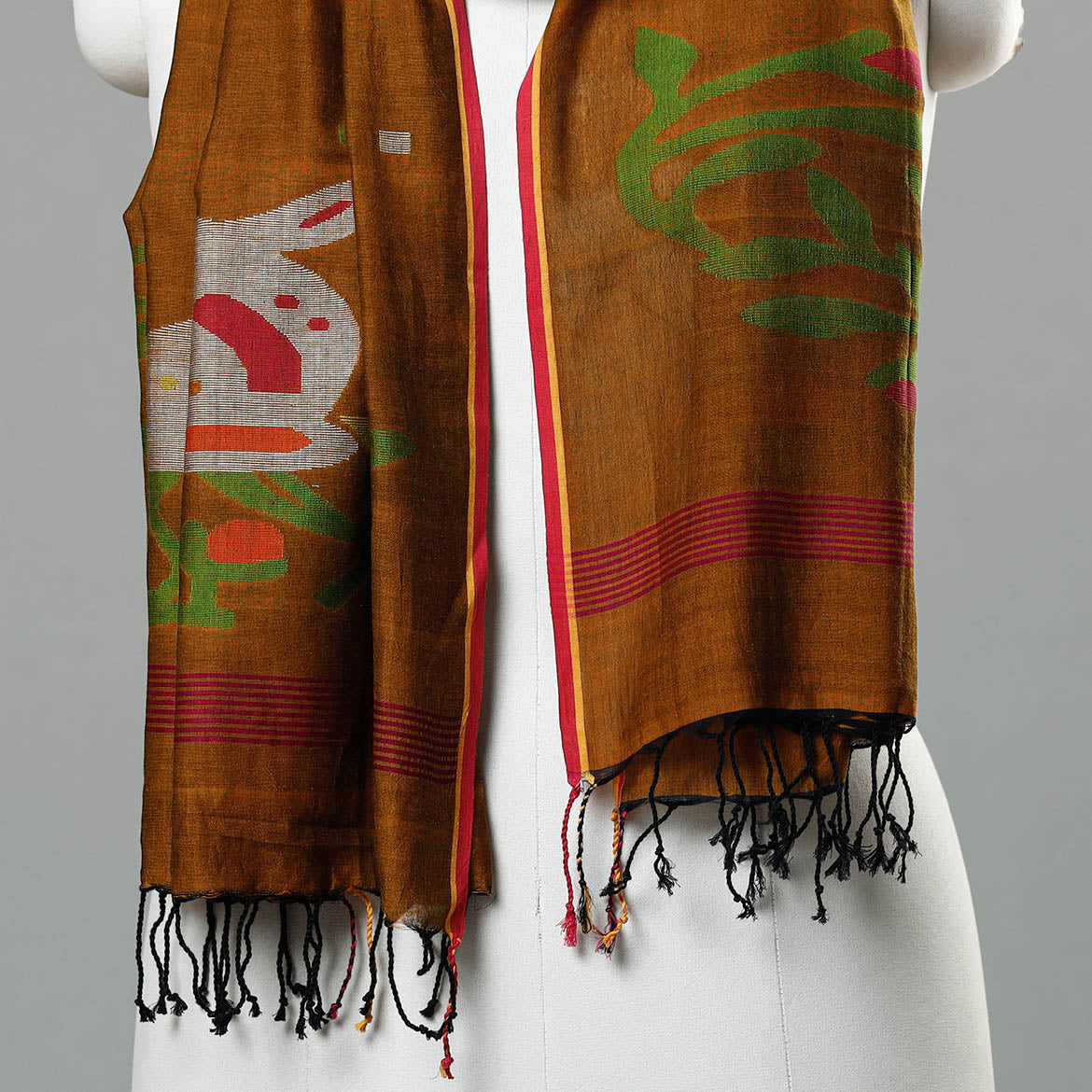 Brown - Jamdani Handloom Cotton Stole with Tassels