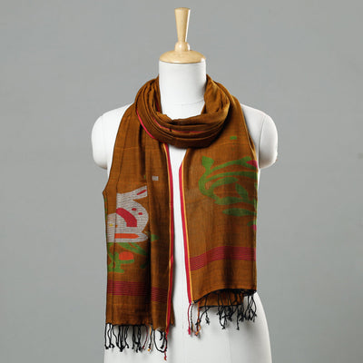 Brown - Jamdani Handloom Cotton Stole with Tassels