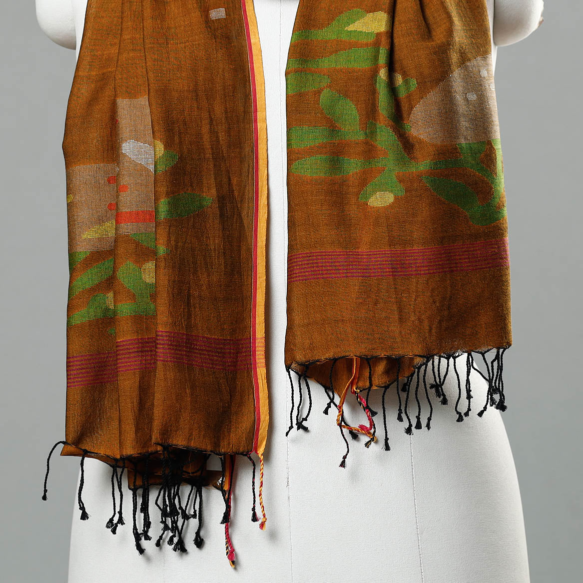 Brown - Jamdani Handloom Cotton Stole with Tassels