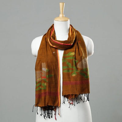 Brown - Jamdani Handloom Cotton Stole with Tassels