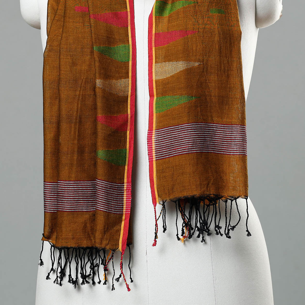 Brown - Jamdani Handloom Cotton Stole with Tassels