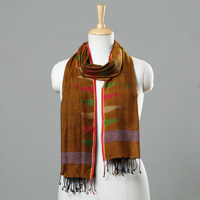 Brown - Jamdani Handloom Cotton Stole with Tassels