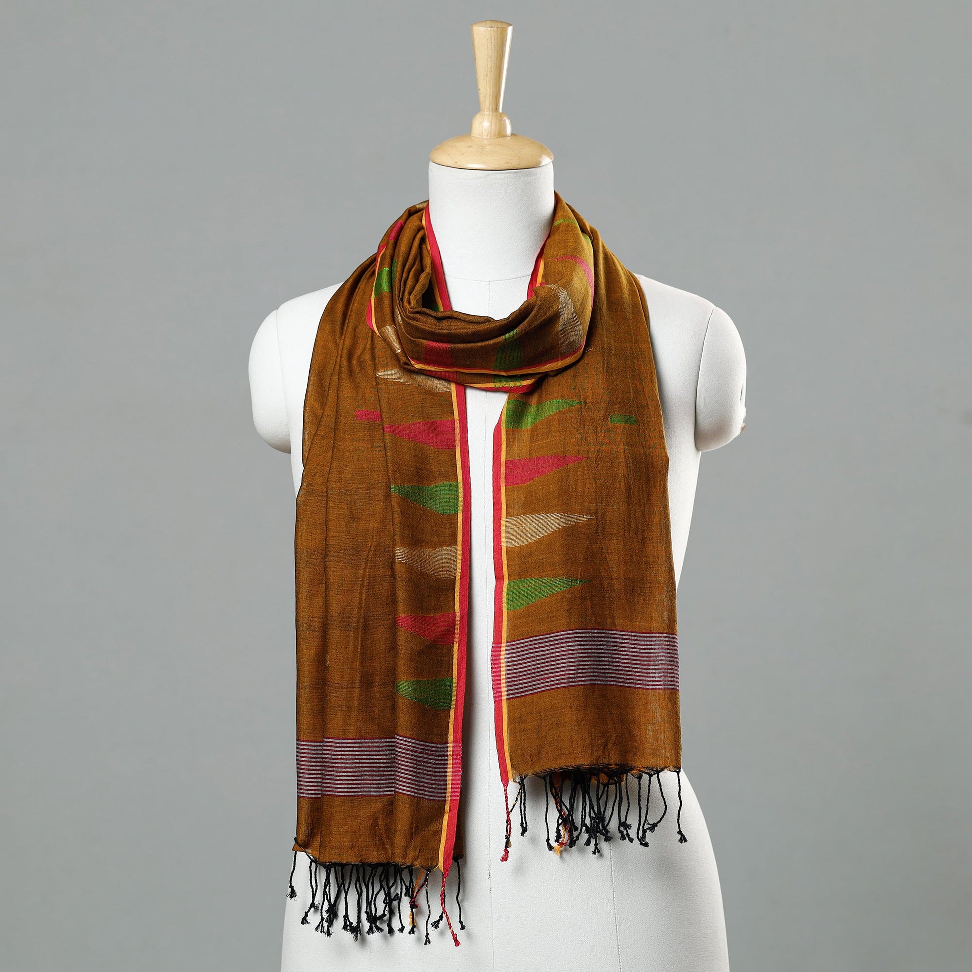 Brown - Jamdani Handloom Cotton Stole with Tassels