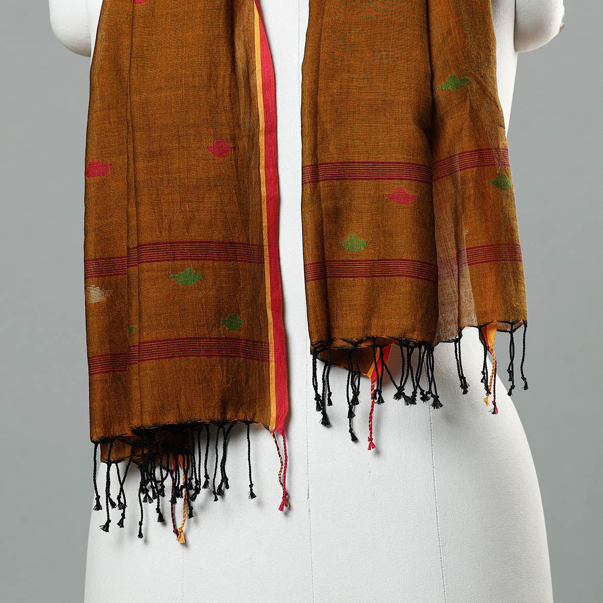 Brown - Jamdani Handloom Cotton Stole with Tassels