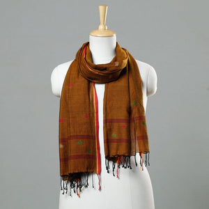 Brown - Jamdani Handloom Cotton Stole with Tassels