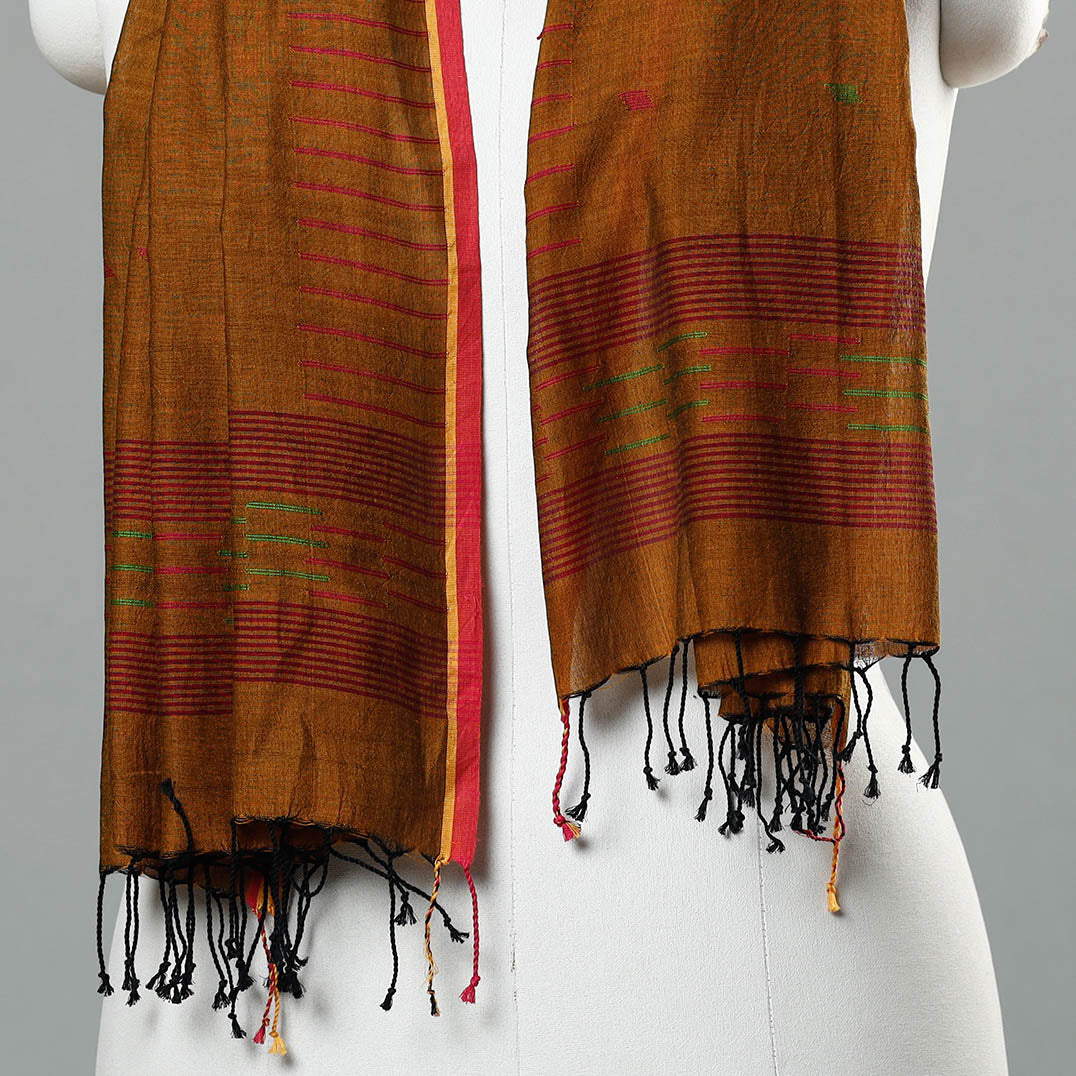 Brown - Jamdani Handloom Cotton Stole with Tassels