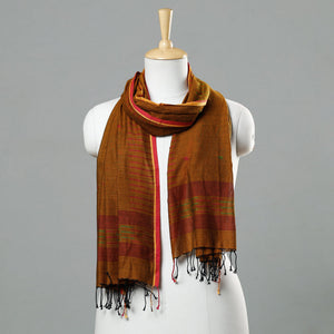 Brown - Jamdani Handloom Cotton Stole with Tassels