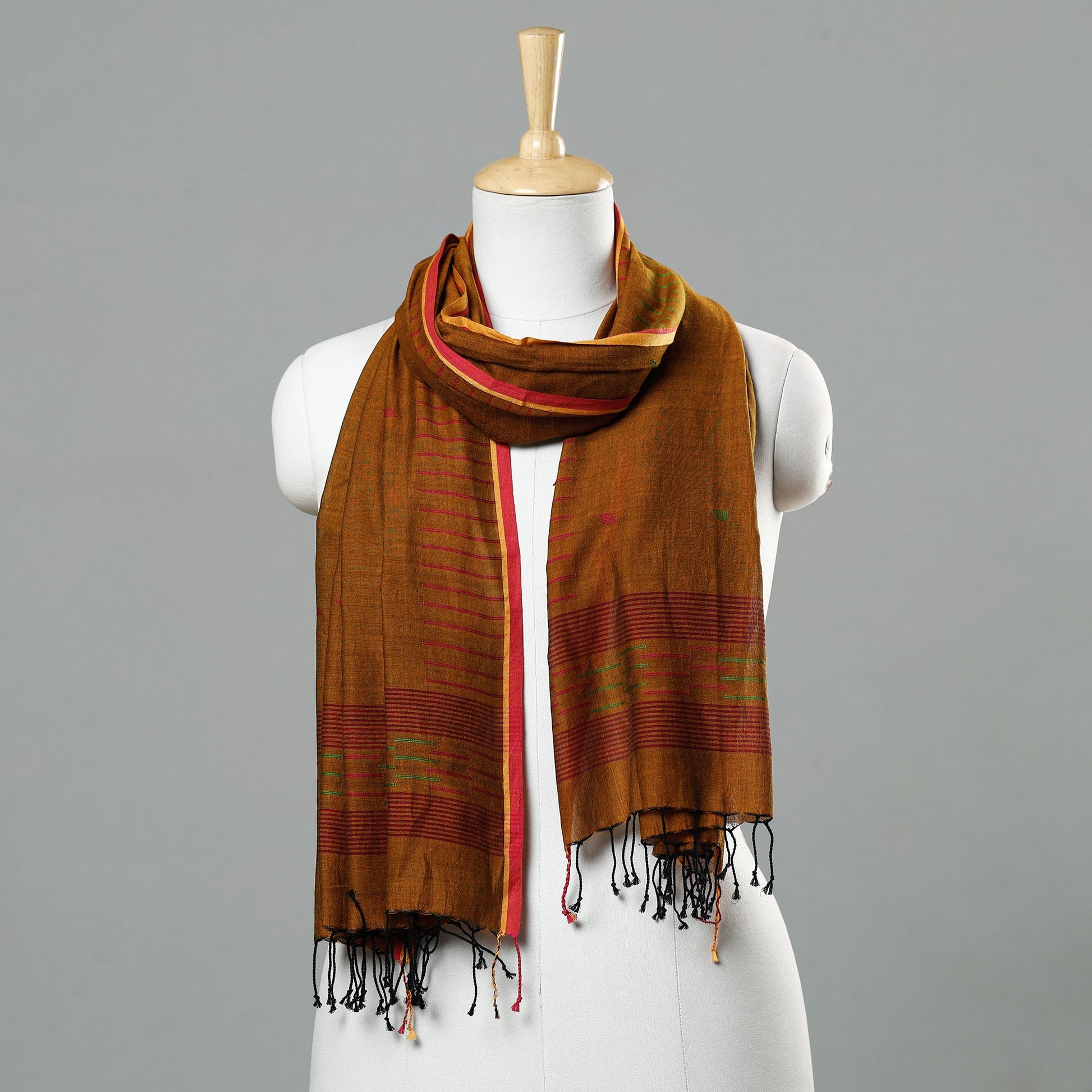 Brown - Jamdani Handloom Cotton Stole with Tassels