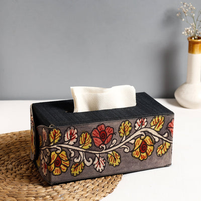 Black - Handpainted Kalamkari Natural Dyed Cotton Tissue Box