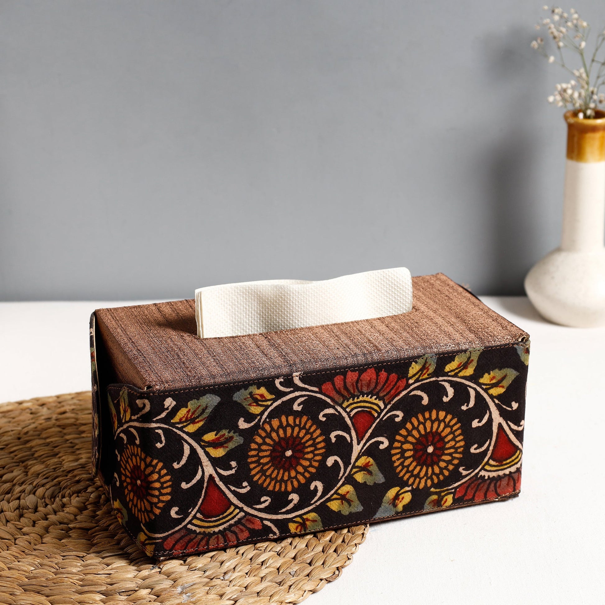 Brown - Handpainted Kalamkari Natural Dyed Cotton Tissue Box