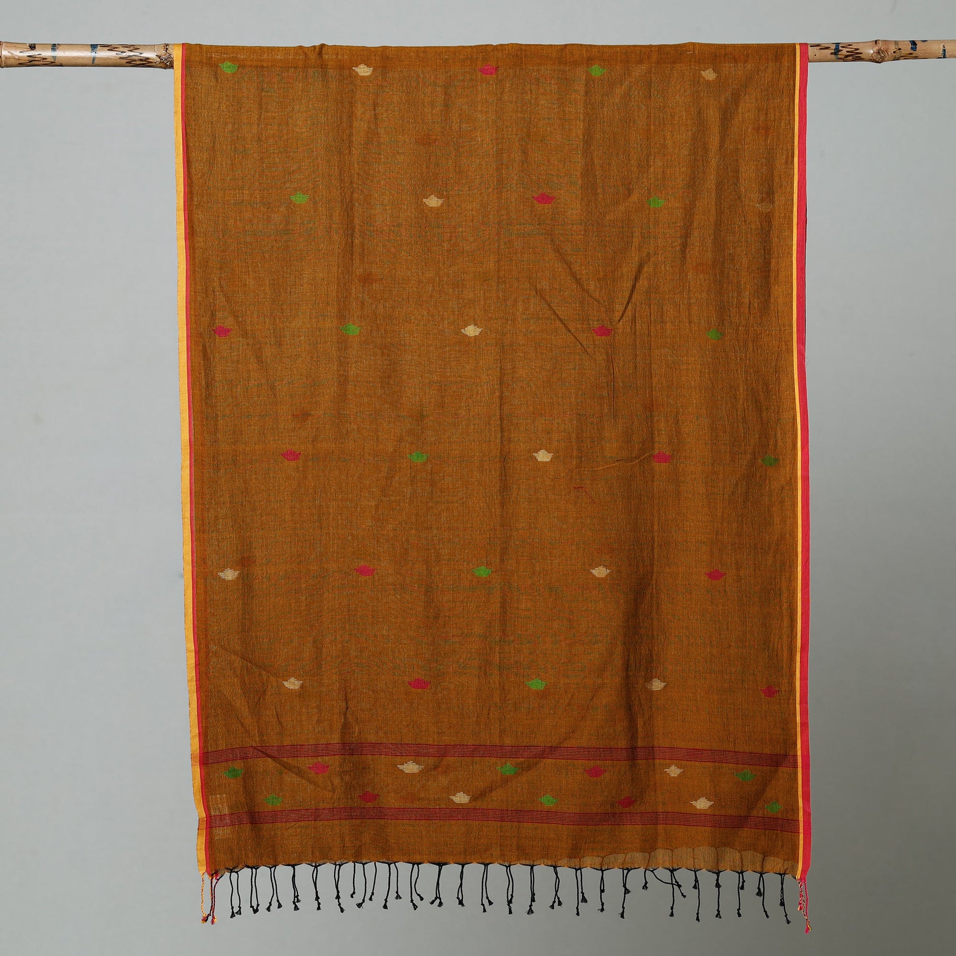 Brown - Jamdani Handloom Cotton Stole with Tassels