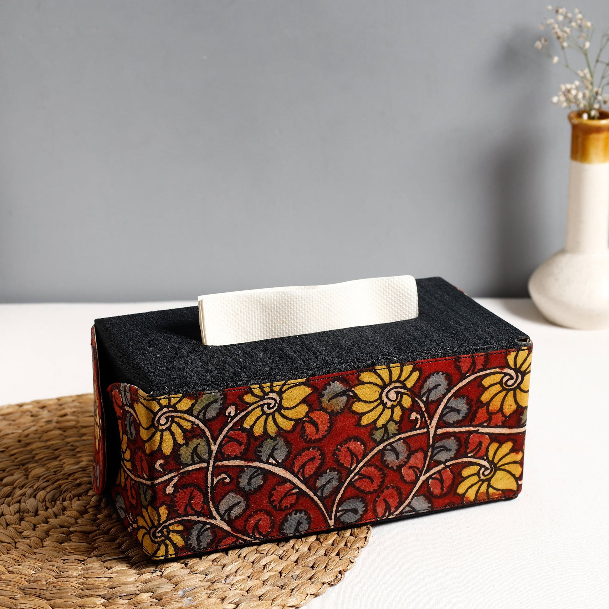 Black - Handpainted Kalamkari Natural Dyed Cotton Tissue Box