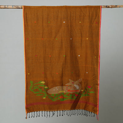 Brown - Jamdani Handloom Cotton Stole with Tassels