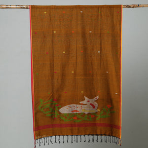 Brown - Jamdani Handloom Cotton Stole with Tassels