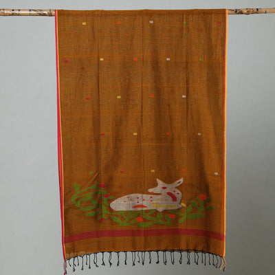 Brown - Jamdani Handloom Cotton Stole with Tassels