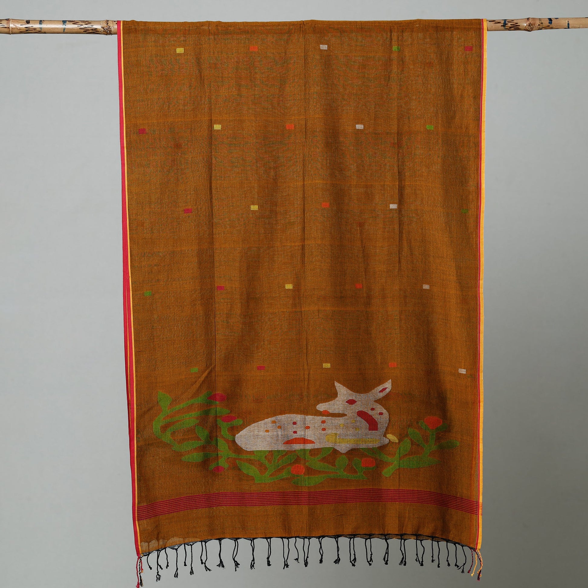 Brown - Jamdani Handloom Cotton Stole with Tassels