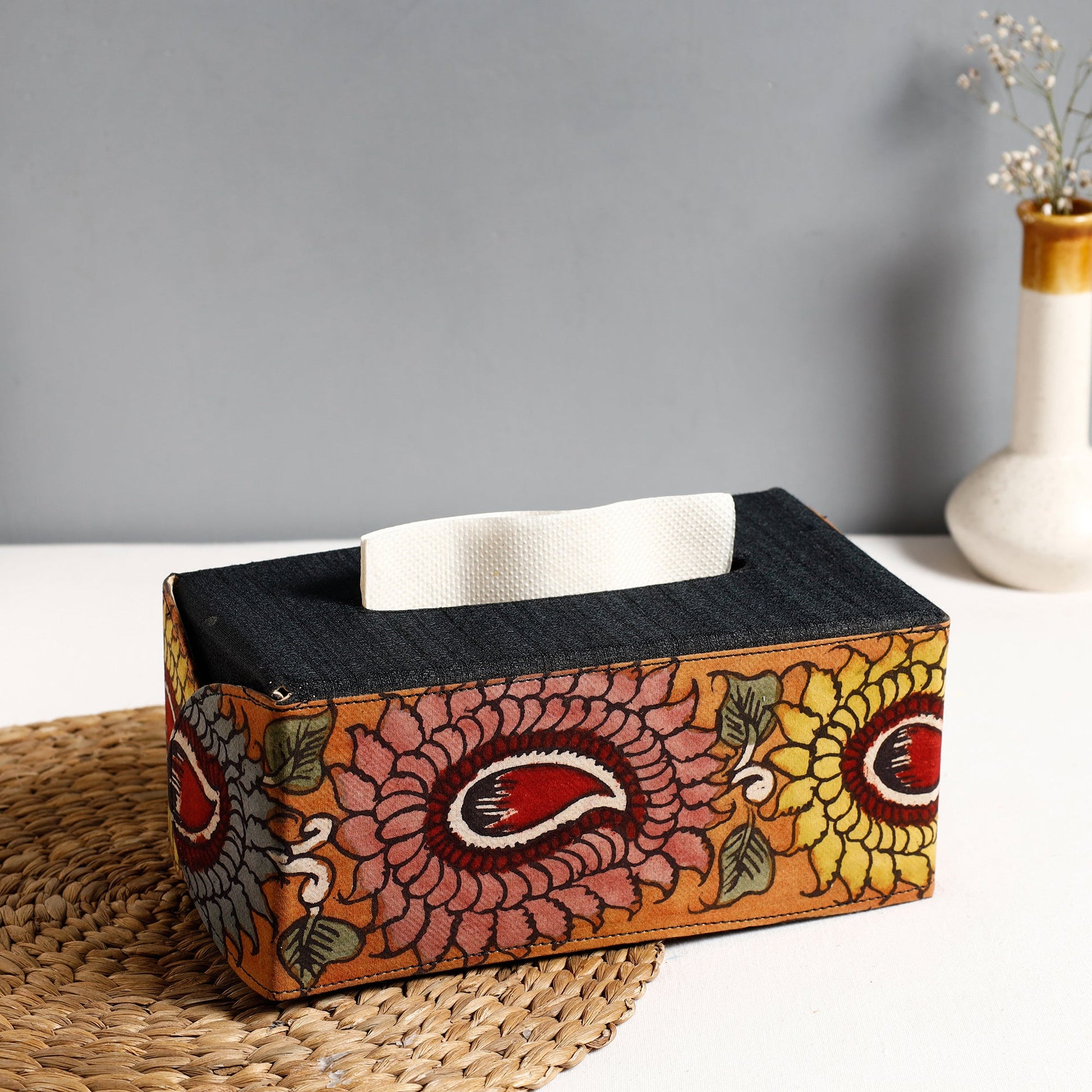 Black - Handpainted Kalamkari Natural Dyed Cotton Tissue Box