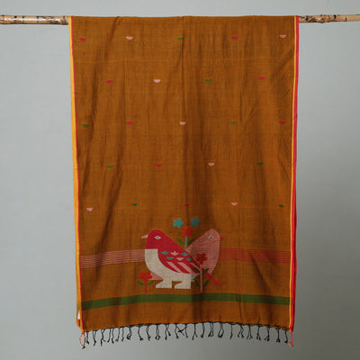 Brown - Jamdani Handloom Cotton Stole with Tassels