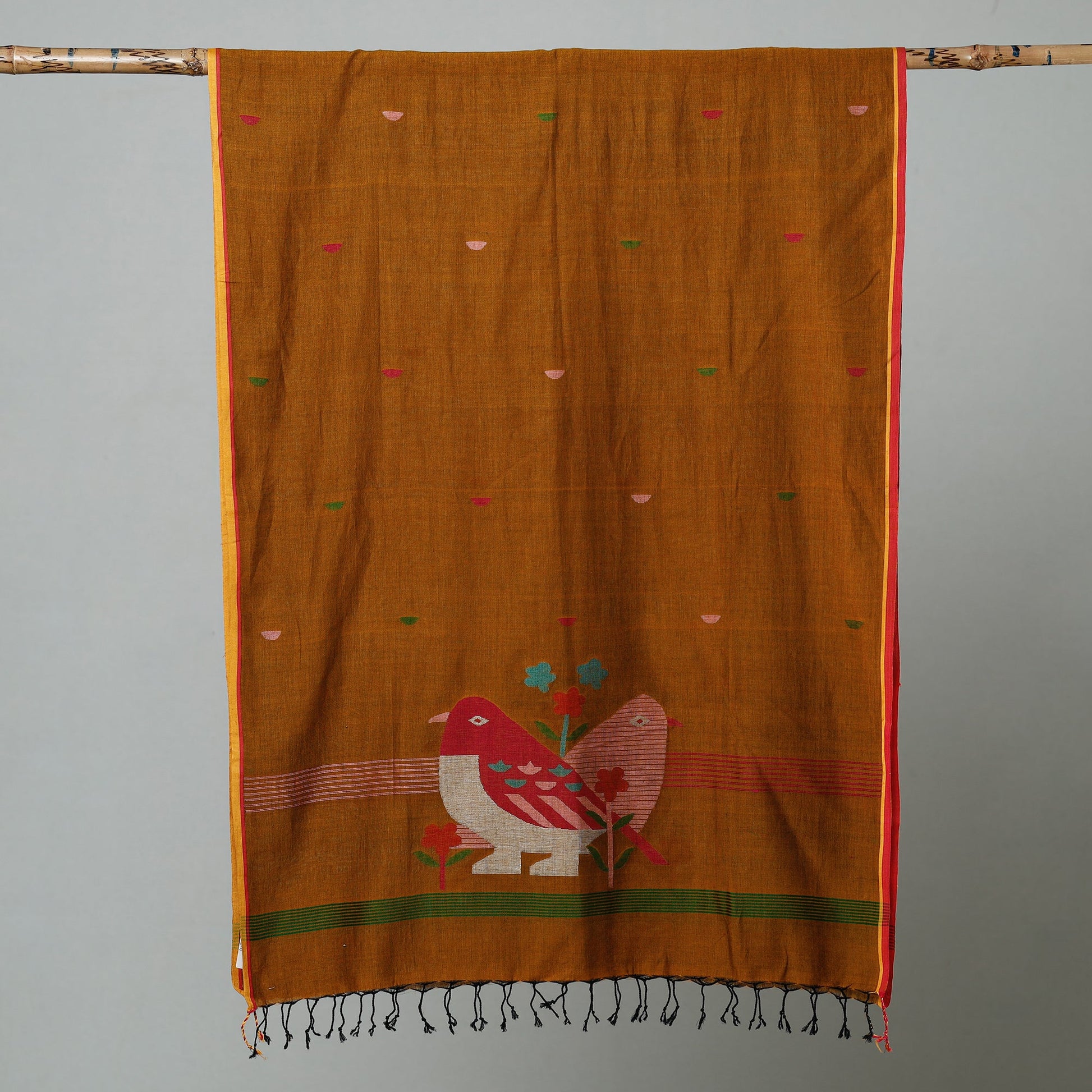 Brown - Jamdani Handloom Cotton Stole with Tassels