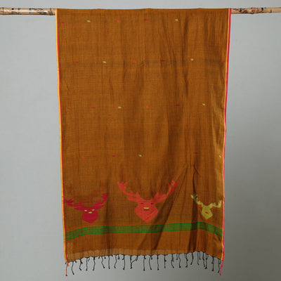 Brown - Jamdani Handloom Cotton Stole with Tassels
