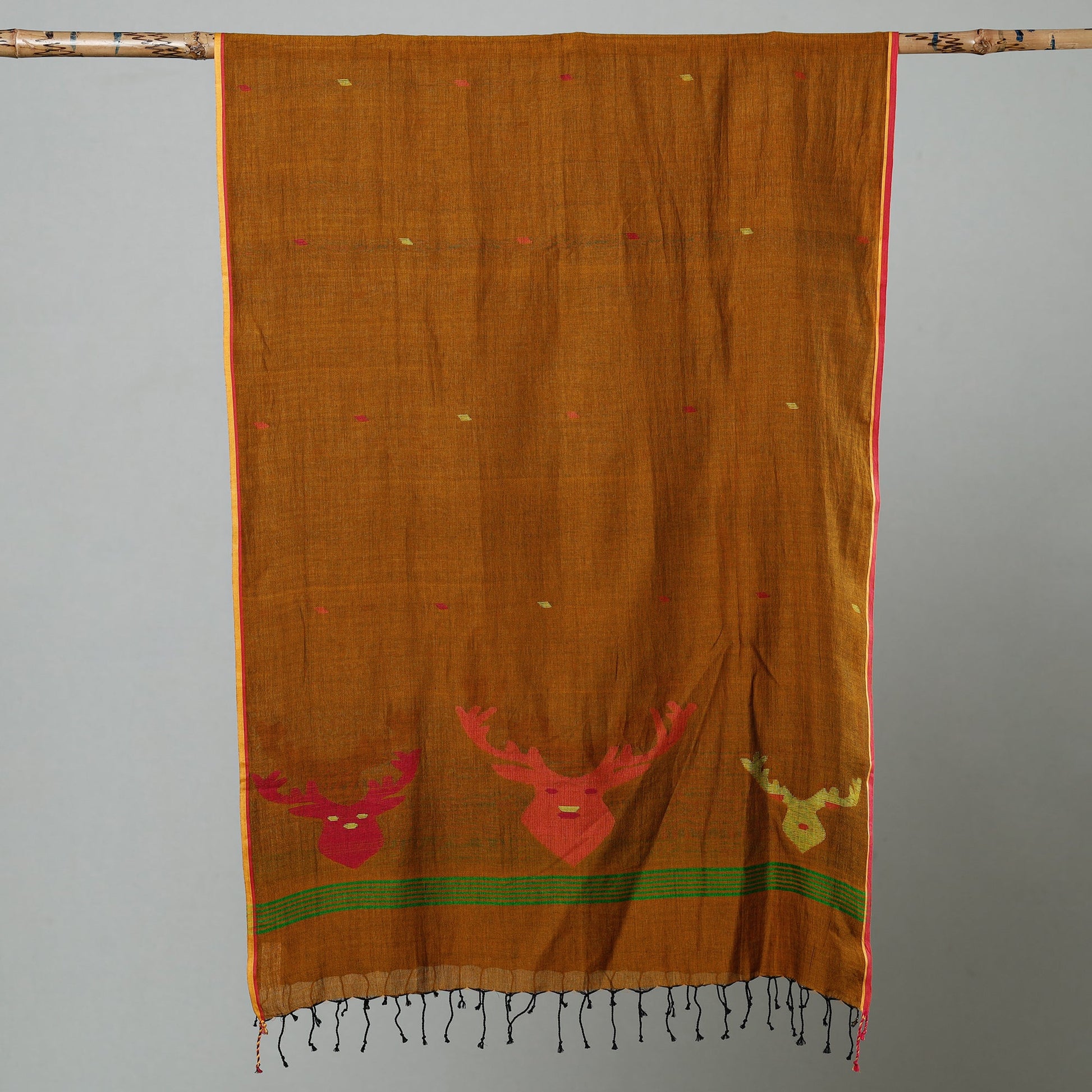 Brown - Jamdani Handloom Cotton Stole with Tassels