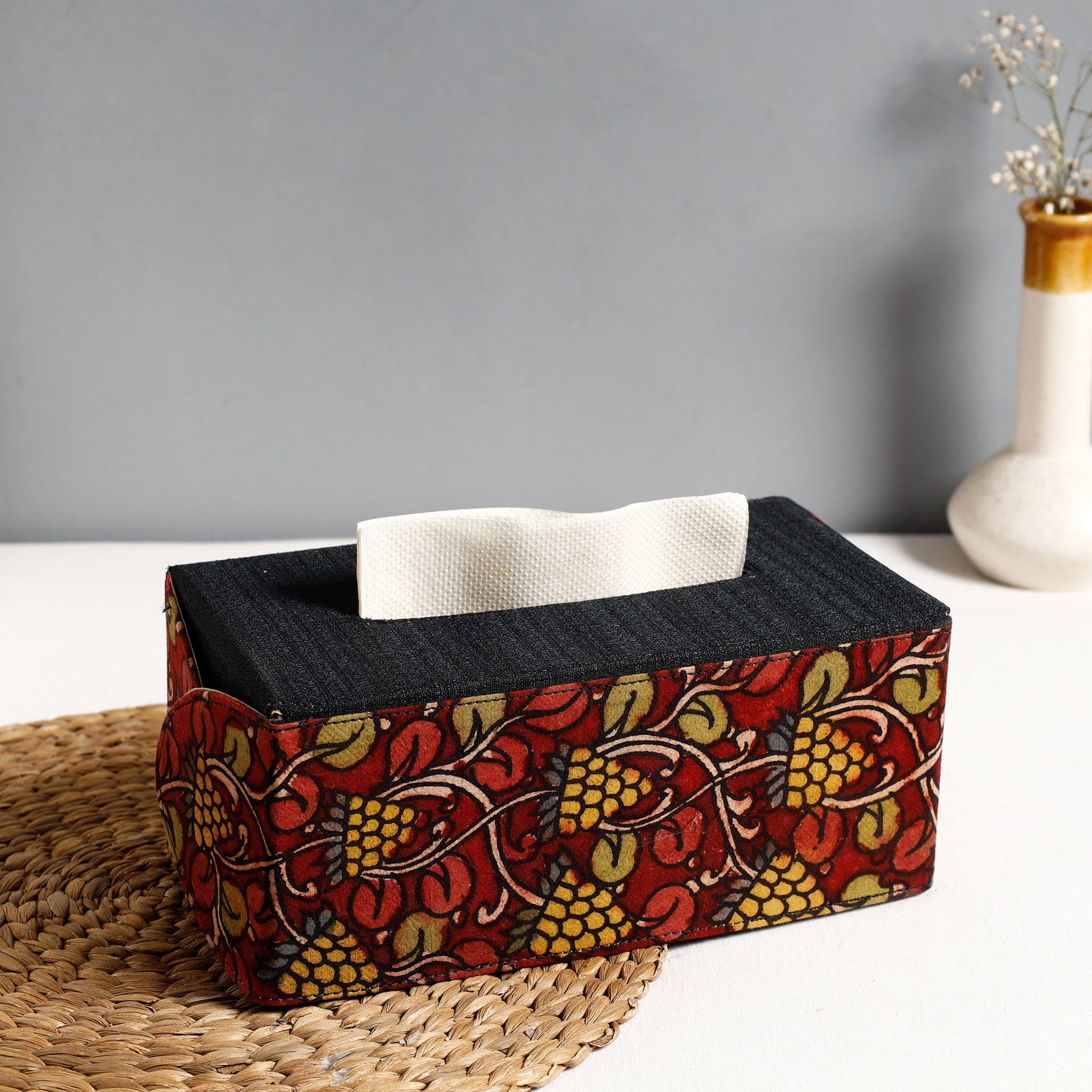 Black - Handpainted Kalamkari Natural Dyed Cotton Tissue Box