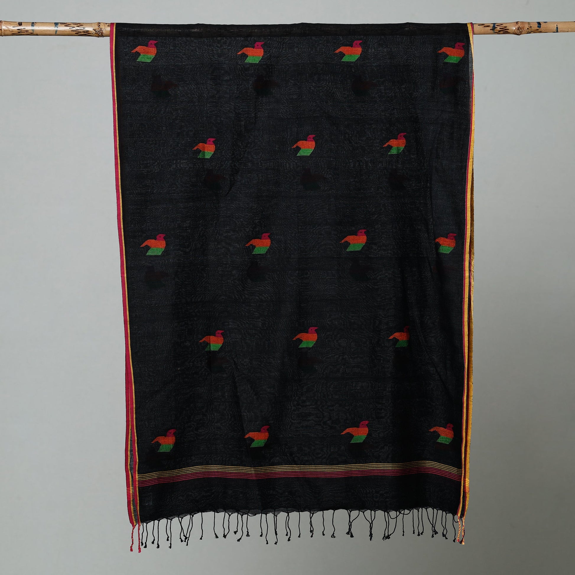 Black - Jamdani Handloom Cotton Stole with Tassels