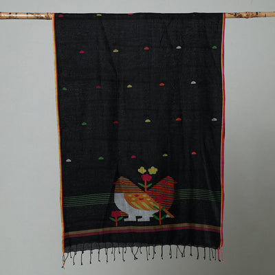 Black - Jamdani Handloom Cotton Stole with Tassels