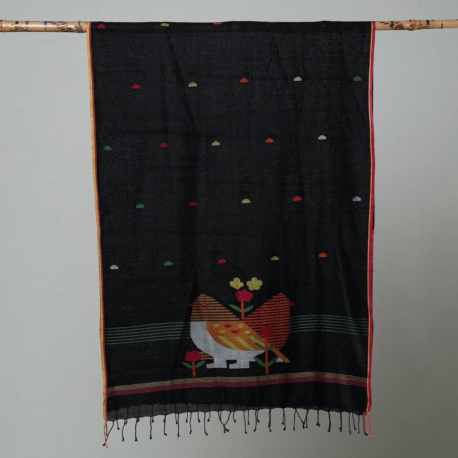 Black - Jamdani Handloom Cotton Stole with Tassels