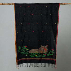 Black - Jamdani Handloom Cotton Stole with Tassels