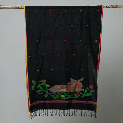 Black - Jamdani Handloom Cotton Stole with Tassels